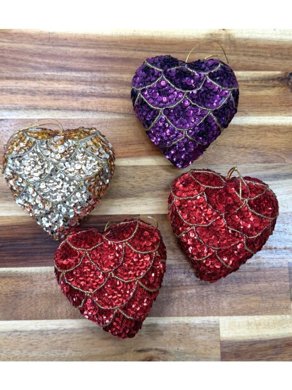 Lot of 4 VINTAGE sequined ornaments, holiday, Christmas tree, MCM